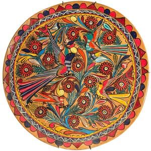 Vintage Mexican Folk Art Pottery Plate - Hand Painted Bird & Floral Amate Style